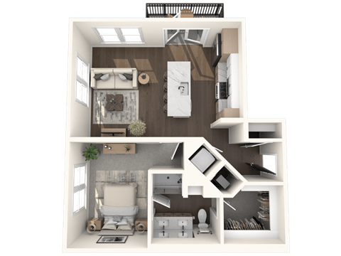 A top-down view of a small, neatly organized apartment with a bedroom, living room, and kitchen.